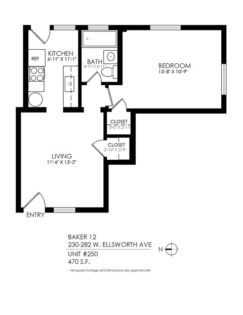 Floor plan for 1 bed, 1 bath, 475 sqft